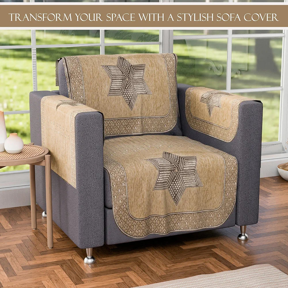 Kuber Industries Set of 16 Anti-Skid Sofa Cover 5-Seater with Arm Cover | Comfortable Slipcover Sofa Cloth & Furniture Protector for Home Decor | Star Print - Cream & Brown